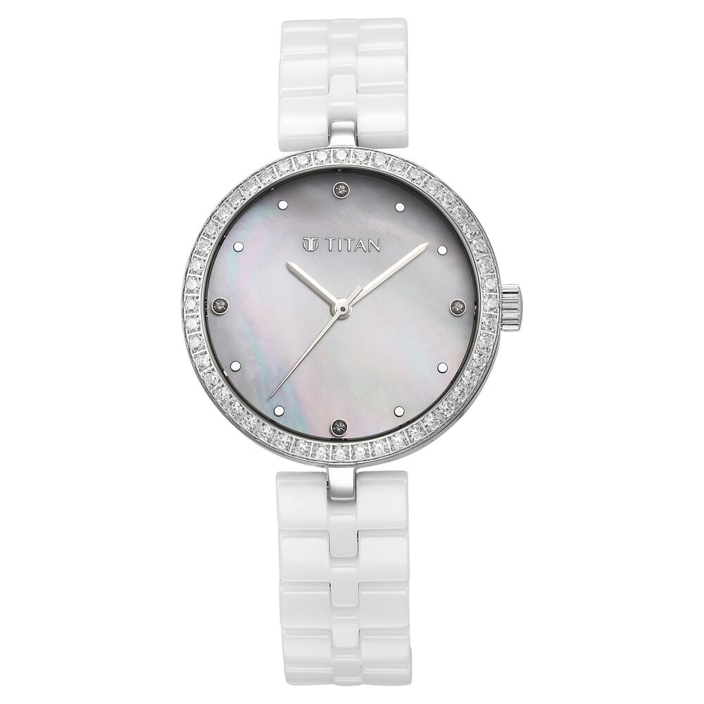 [95215kc01] Titan Purple Ceramics Quartz Analog Mother of Pearl Dial White Ceramic Strap Watch For Women