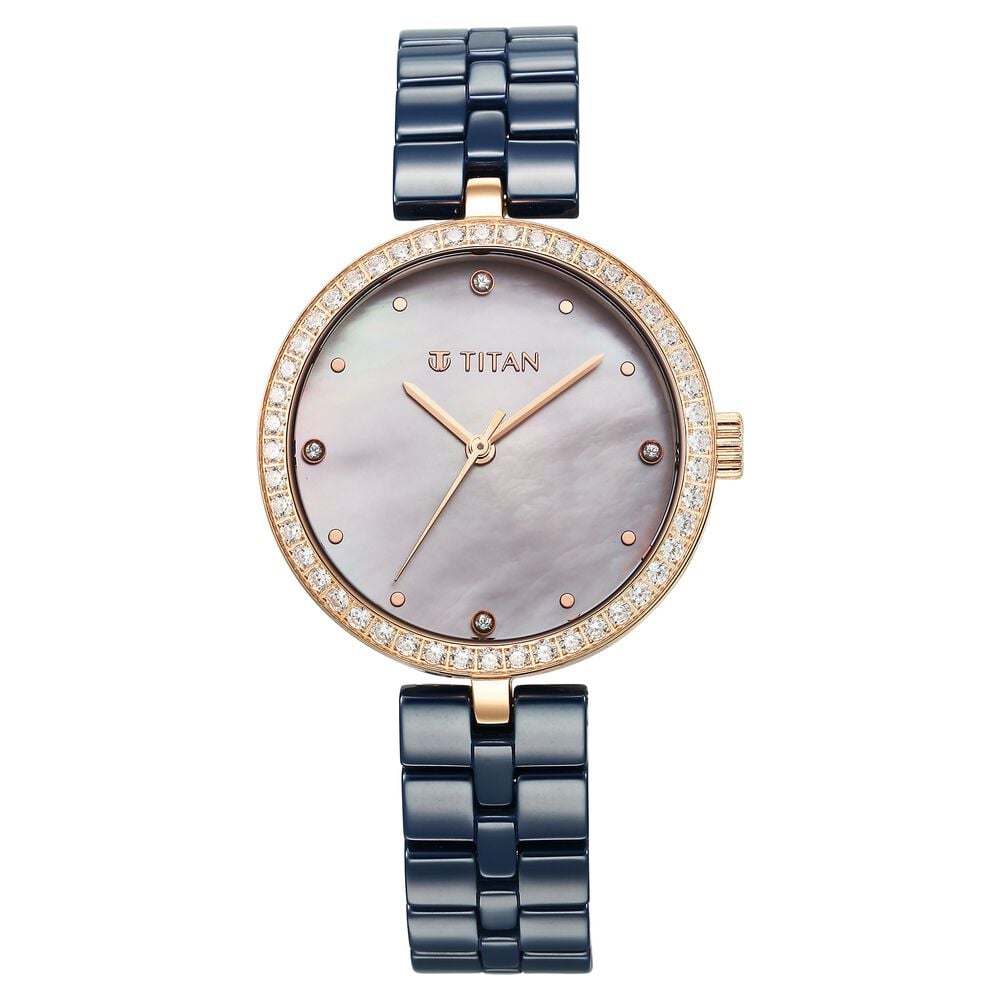[95215kc03] Titan Purple Ceramics Quartz Analog Mother of Pearl Dial Blue Ceramic Strap Watch For Women