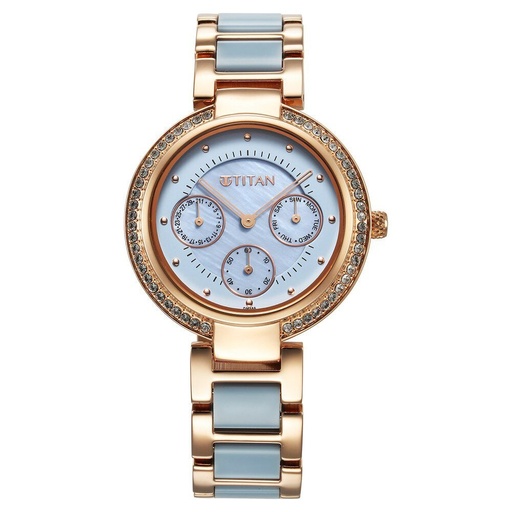 [95187kd01] Titan Acetate Quartz Multifunction Mother Of Pearl Dial Two Toned Strap Watch for Women