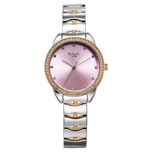 [95281km01] Titan Raga Showstopper Quartz Analog Purple Dial Two Toned Metal Strap Watch For Women