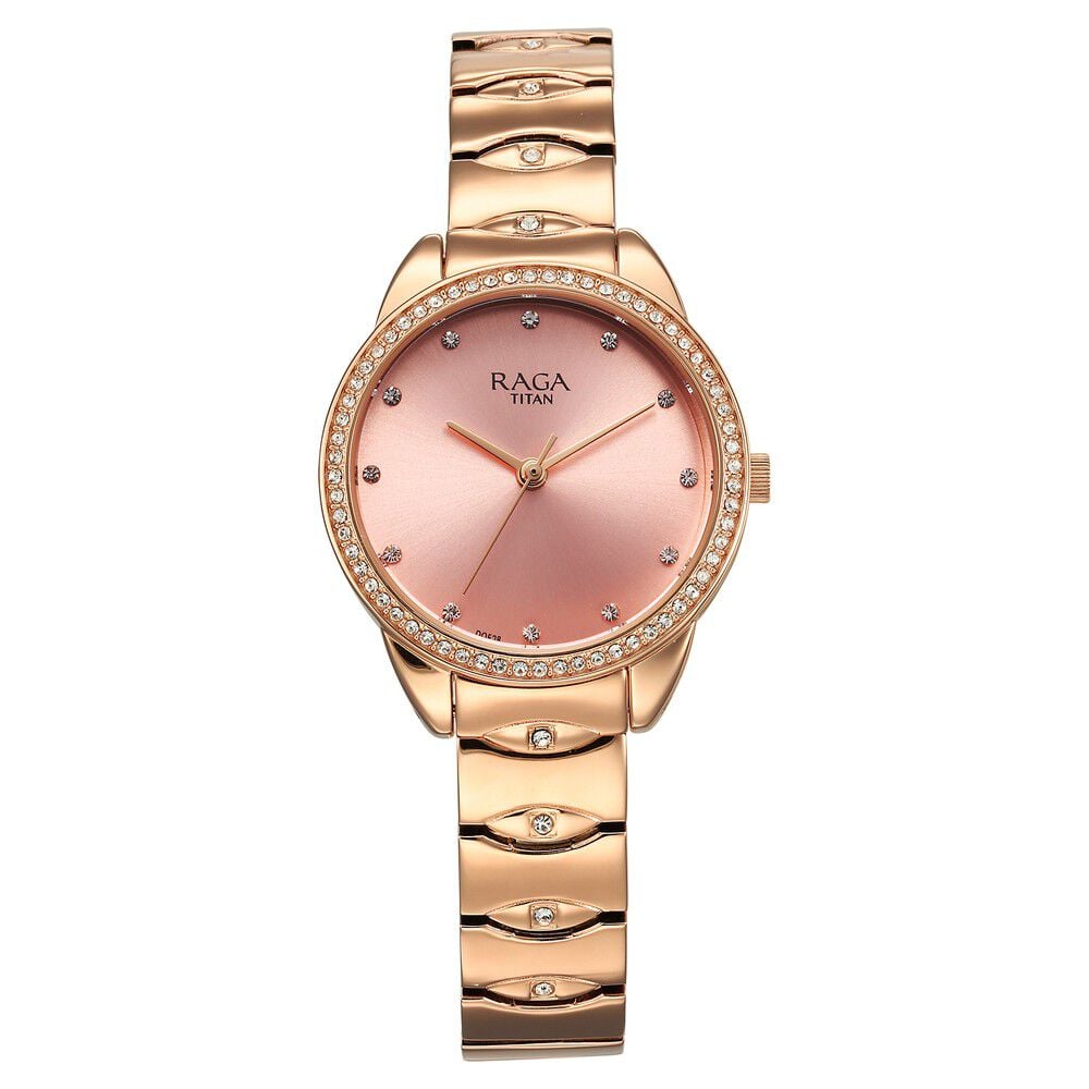 [95281wm01] Titan Raga Showstopper Quartz Analog Pink Round Dial Rose Gold Metal Strap Watch For Women