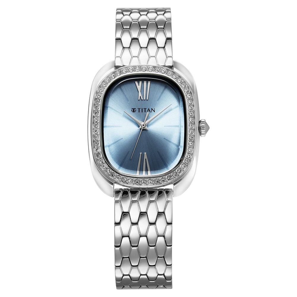 [95317sm01] Titan Glamour Quartz Analog Blue Dial Silver Stainless Steel Strap Watch For Women