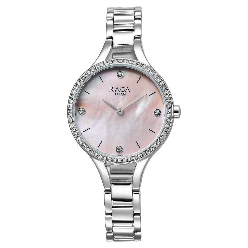 [95275sm01] Titan Raga Showstopper Quartz Analog Mother Of Pearl Dial Silver Metal Strap Watch For Women