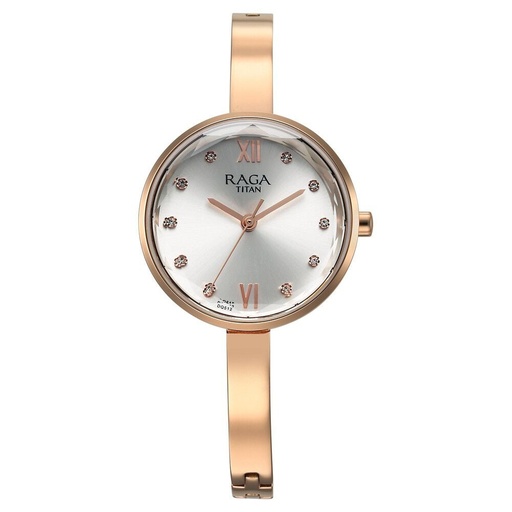 [95271wm02] Titan Raga Showstopper Quartz Analog Silver Dial Rose Gold Metal Strap Watch For Women