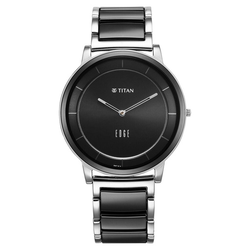 [1878kd01] Titan Edge Fusion Quartz Analog Black Dial Two Toned Steel & Ceramic Strap Watch for Men