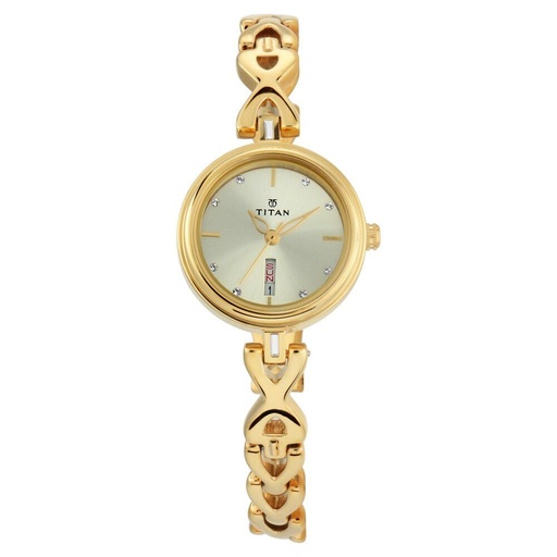 [2601ym03] Titan Quartz Analog with Day and Date Champagne Dial Metal Strap Watch for Women