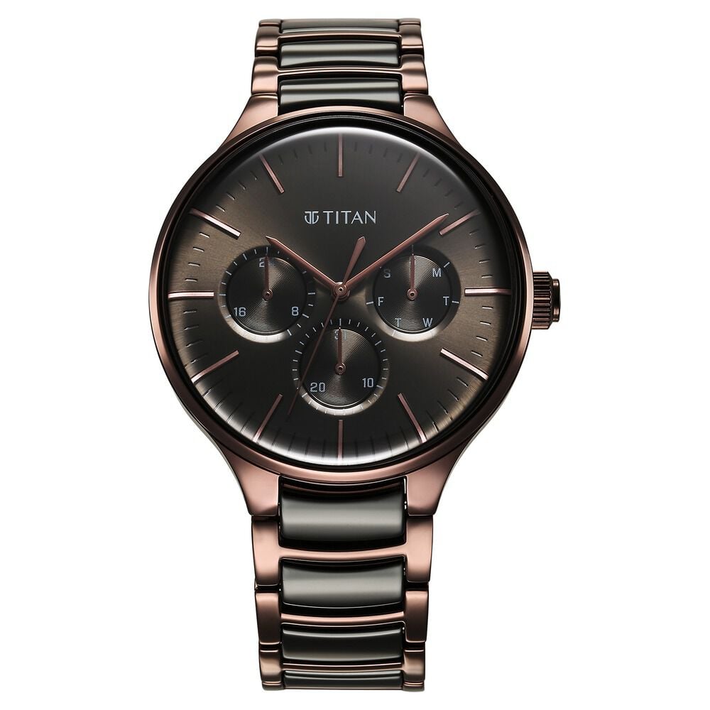 [90148kd05] Titan Ceramic Fusion Multifunction Black Dial With Two Toned Color Stainless Steel Strap Watch For Men
