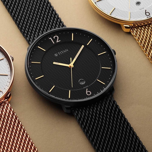 [1849nm02] Titan Black and Gold Black Dial Analog Stainless Steel Strap watch for Men