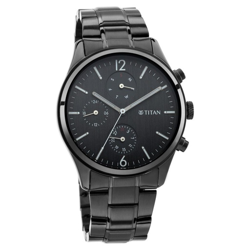 [1805nm02] Titan Workwear Multifunction Black Dial Black Metal Strap Watch For Men