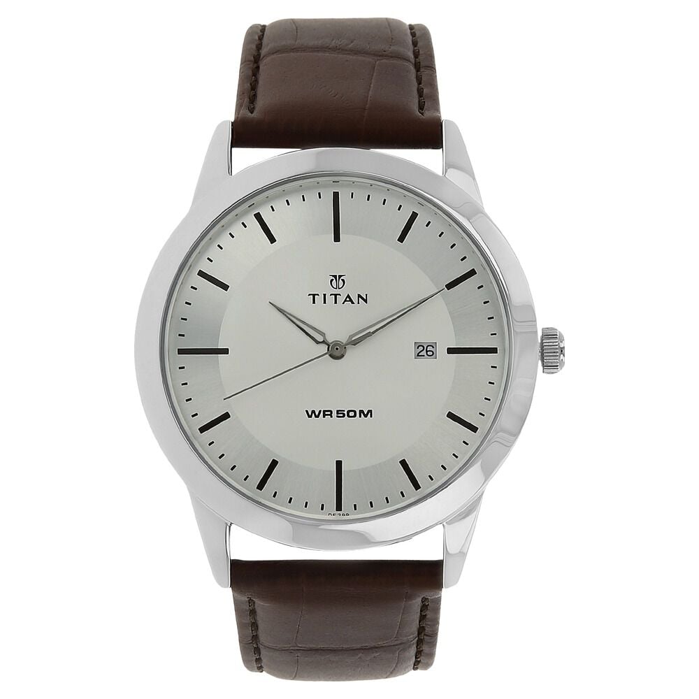 [1584sl03] Titan Classic Silver Dial Analog with Date Leather Strap watch for Men