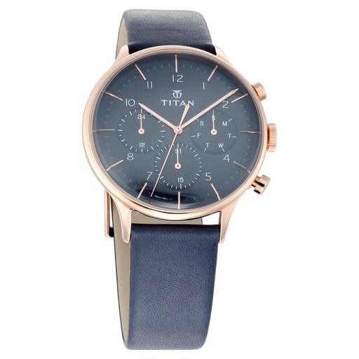 [90102wl02] Titan Quartz Multifunction Blue Dial Leather Strap Watch for Men