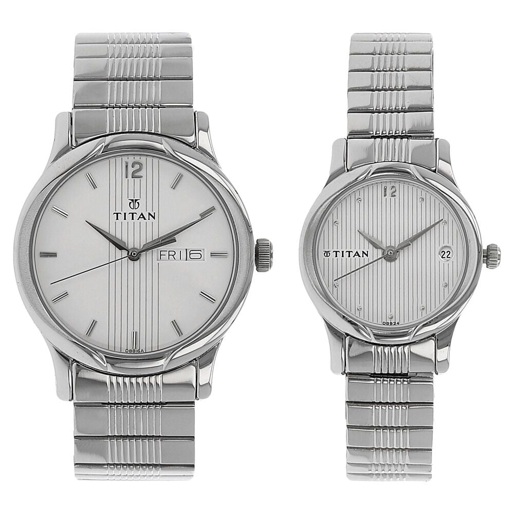 [15802490sm03] Titan Quartz Analog with Day and Date Silver Dial Stainless Steel Strap Watch for Couple