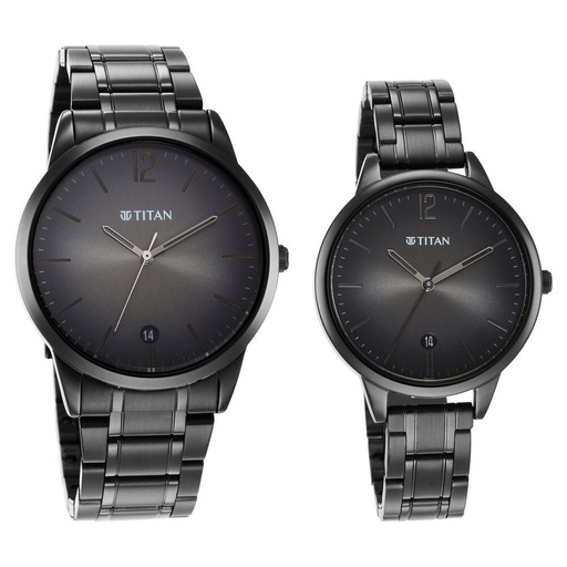 [18062617nm01] Titan Bandhan Anthracite Dial Analog with Date Stainless Steel Strap Watch for Couple