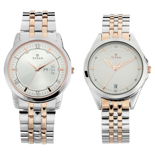 [17742565km01] Titan Bandhan Quartz Analog with Day and Date Silver Dial Stainless Steel Strap Watch for Couple