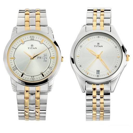 [17742565bm01] Titan Bandhan Quartz Analog with Day and Date Silver Dial Stainless Steel Strap Watch for Couple