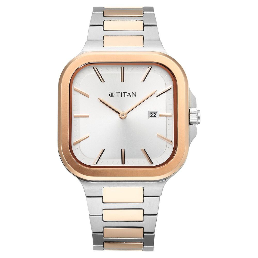 [90176km01] Titan Classique Slim Square Quartz Analog with Date Silver Dial Stainless Steel Strap Watch for Men