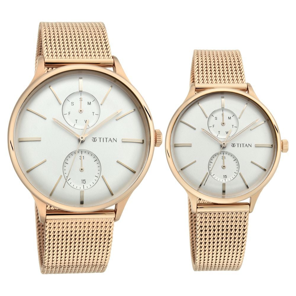 [9400394203wm01] Titan Quartz Multifunction White Dial Stainless Steel Strap Watch for Couple