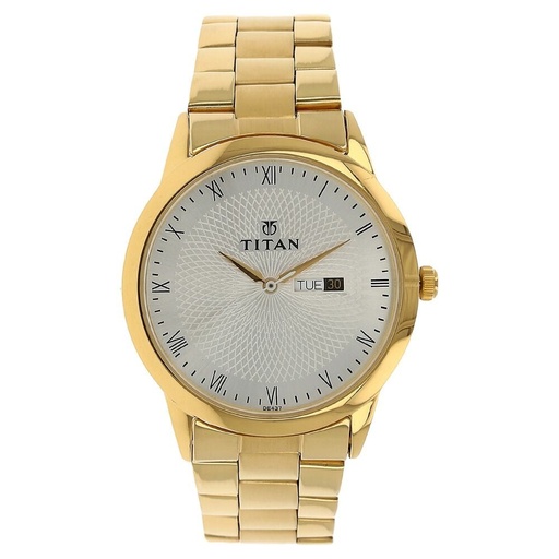 [1584ym02] Titan Quartz Analog with Day and Date Silver Round Dial Golden Stainless Steel Strap Watch For Men