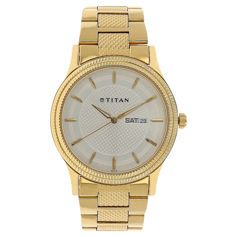 Titan Quartz Analog with Day and Date Silver Dial Golden Stainless Steel Strap Watch For Men