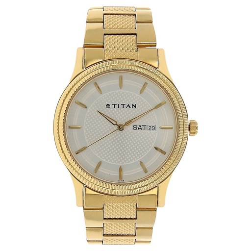 [1650ym05] Titan Quartz Analog with Day and Date Silver Dial Golden Stainless Steel Strap Watch For Men