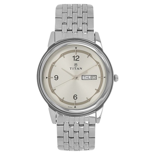 [1638sm01] Titan Quartz Analog with Day and Date Silver Dial Silver Stainless Steel Strap Watch For Men