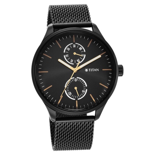 [1833nm01] Titan Black and Gold Black Dial Analog with Day and Date Stainless Steel Strap Watch for Men