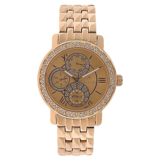 [9743wm01] Titan Quartz Analog with Day and Date Rose Gold Dial Metal Strap Watch for Women