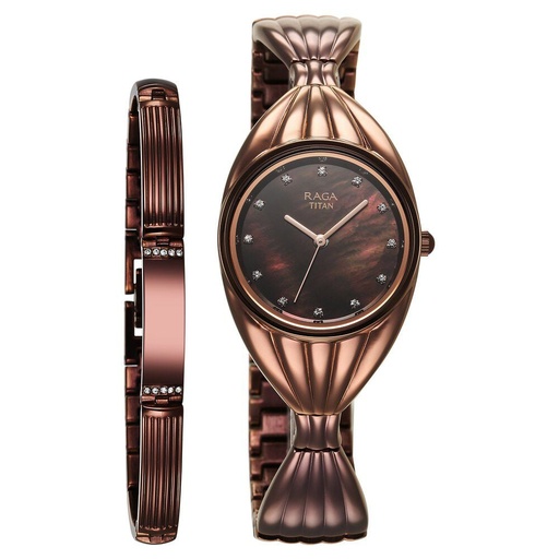 [95254qm01f] Titan Raga Memoirs Quartz Analog Mother Of Pearl Dial With Brown Metal Strap Watch For Women