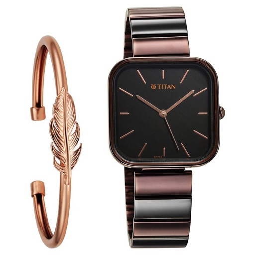 [2715km01f] Titan Purple Stackables Quartz Analog Black Dial Two Toned Stainless Steel Strap Watch For Women