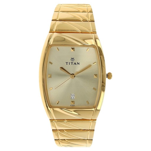 [9315ym02] Titan Rectangle Champagne Dial Analog with Date Stainless Steel Strap watch for Men