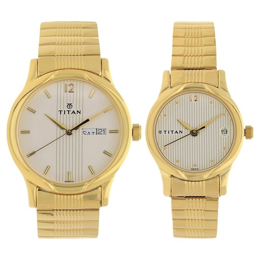 [15802490ym04] Titan Quartz Analog with Day and Date White Dial Metal Strap Watch for Couple
