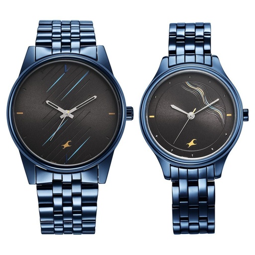 [33056296qm01] Fastrack Mixmatched Quartz Analog Black Dial Blue Stainless Steel Strap Watch for Couple