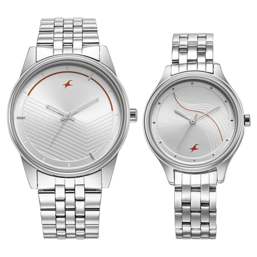 [33056296sm01] Fastrack Mixmatched Quartz Analog Silver Dial Silver Stainless Steel Strap Watch for Couple
