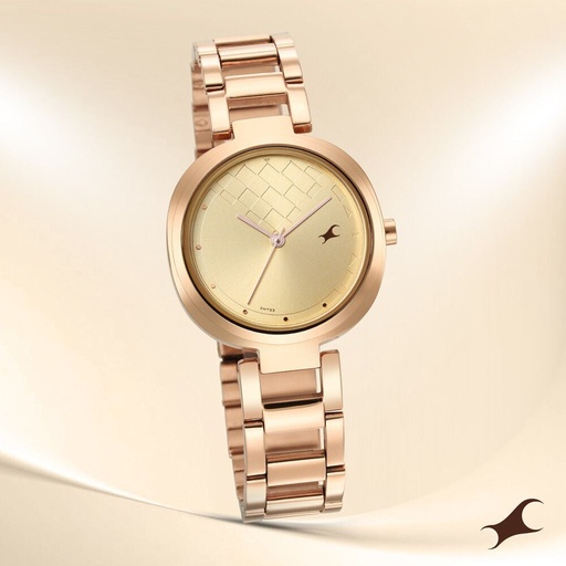 [6247wm01] Fastrack Stunners Quartz Analog Golden Dial Stainless Steel Strap Watch for Girls