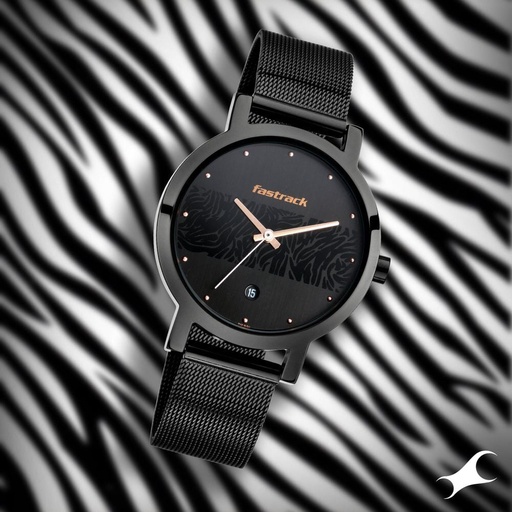 [6222nm01] Fastrack Animal Print Quartz Analog with Date Black Dial Stainless Steel Strap Watch for Girls