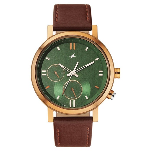 [3287kl04] Fastrack Tick Tock Quartz Analog Green dial Leather Strap Watch for Guys