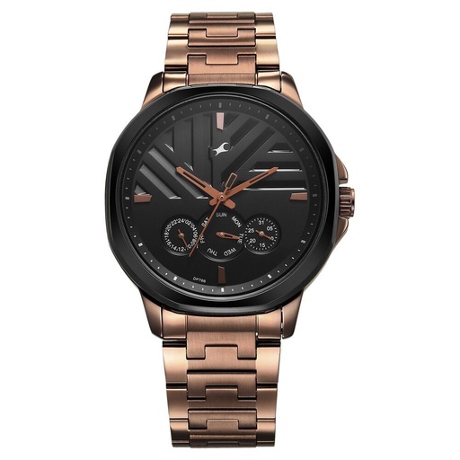 [3303km02] Fastrack Fleek Quartz Multifunction Black Dial Brown Stainless Steel Strap Watch for Guys