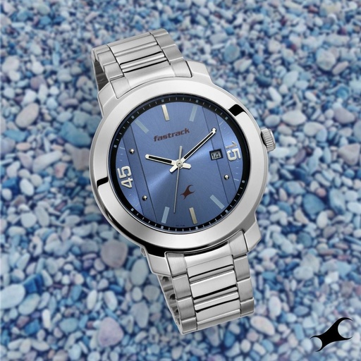 [3246sm03] Fastrack Bare Basics Quartz Analog with Date Blue Dial Stainless Steel Strap Watch for Guys