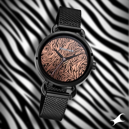 [6221nm01] Fastrack Animal Print Quartz Analog Rose Gold Dial Stainless Steel Strap Watch for Girls