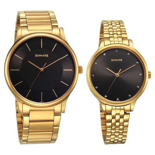 [7710587050ym02] Sonata Pair Quartz Analog Black Dial Stainless Steel Strap Watch for Couple