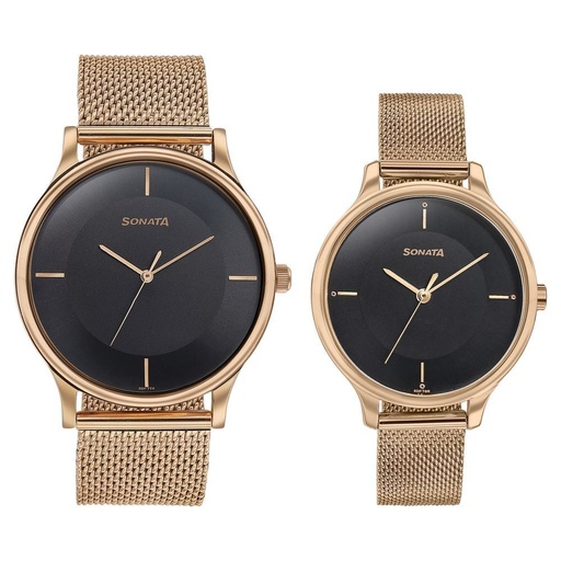 [7710587050wm03] Sonata Modern Bandhan Quartz Analog Black Dial Rose Gold Stainless Steel Strap Watch For Couple