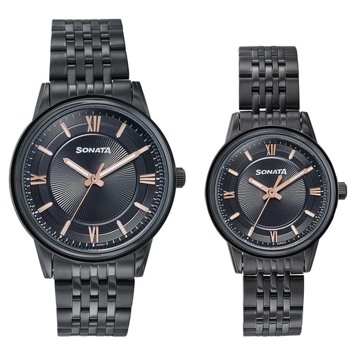 [7715487076nm01] Sonata Wedding Edit Quartz Analog Black Dial Stainless Steel Strap Watch For Pair