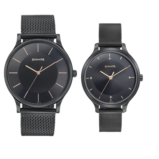 [7710587050nm02] Sonata Modern Bandhan Quartz Analog Black Dial Black Stainless Steel Strap Watch For Couple