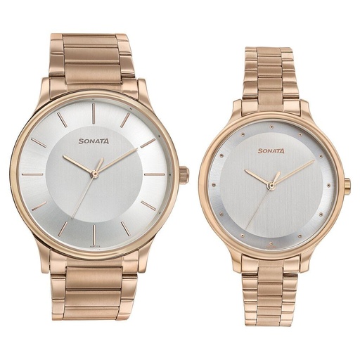 [7710587050wm02] Sonata Modern Bandhan Quartz Analog Silver Dial Stainless Steel Strap Watch for Couple