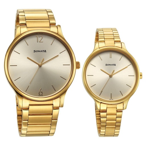 [7710587050ym01] Sonata Pair Quartz Analog Champagne Dial Stainless Steel Strap Watch for Couple
