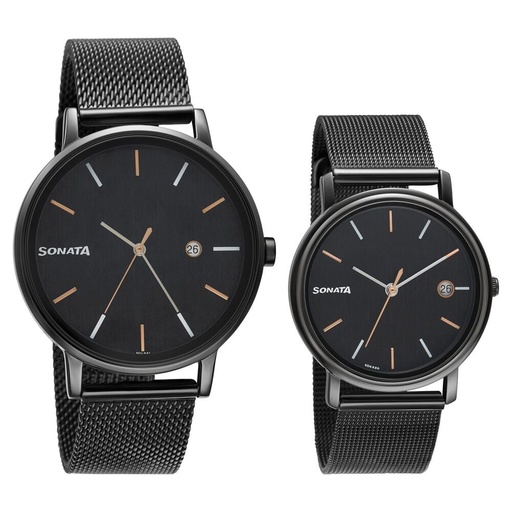 [713187029nm01] Sonata Quartz Analog with Date Black Dial Metal Strap Watch for Couple