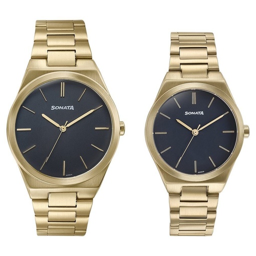 [7716987088ym01] Sonata Wedding Edit Quartz Analog Black Dial Stainless Steel Strap Watch For Pair