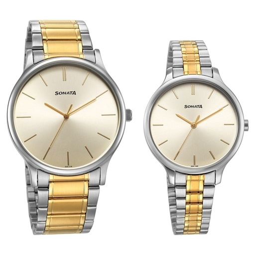 [7710587050bm01] Sonata Pair Quartz Analog Champagne Dial Stainless Steel Strap Watch for Couple