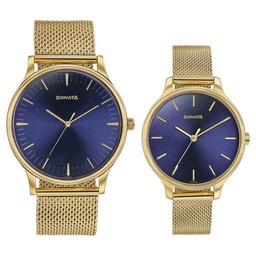 [7710587050ym03] Sonata Modern Bandhan Quartz Analog Blue Dial Stainless Steel Strap Watch for Couple