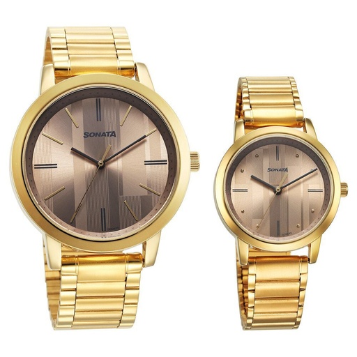 [7712887047ym01] Sonata Alloy Pairs Quartz Analog Brown Stainless Steel Strap for Couple